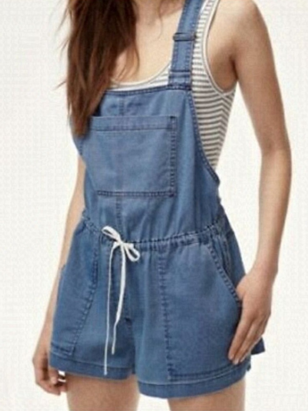Aritzia Wilfred Free Beatriz Denim Romper Medium Wash Overall Shorts Size Large - Picture 2 of 9